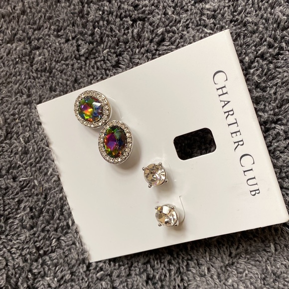 NWT By Charter Club Silver Tone 2 Pc. Set Crystal & Pave Stone, Stud Earring Set - Picture 6 of 7